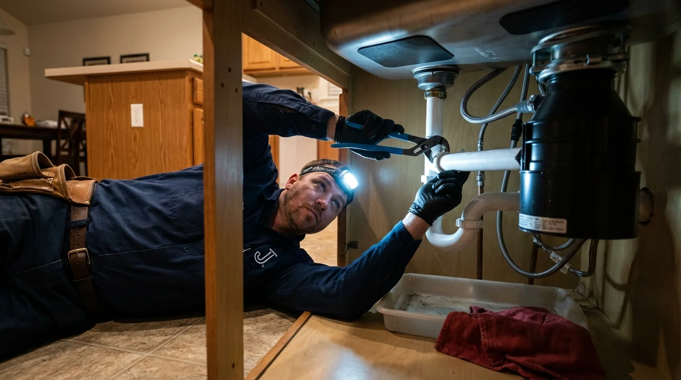 P-trap and supply line connections under a kitchen sink showing a common leak point in Troy, AL